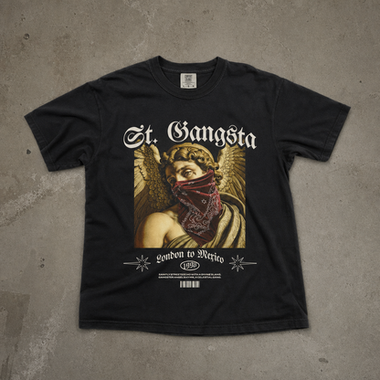 "St. Gangsta" Bandanalı Melek Baskılı Siyah Oversize Tişört