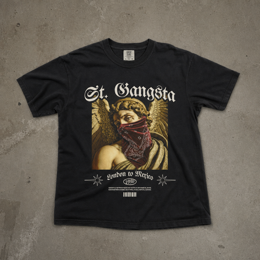 "St. Gangsta" Bandanalı Melek Baskılı Siyah Oversize Tişört