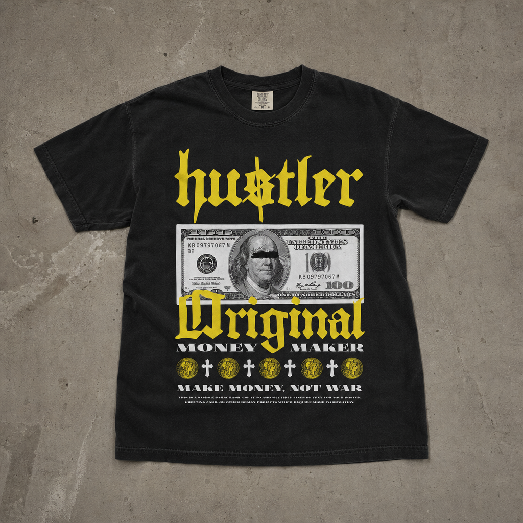 "Hustler Original" Dolar Baskılı Siyah Oversize Tişört