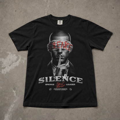 "Silence Speaks Louder" Grafik Baskılı Siyah Oversize Tişört