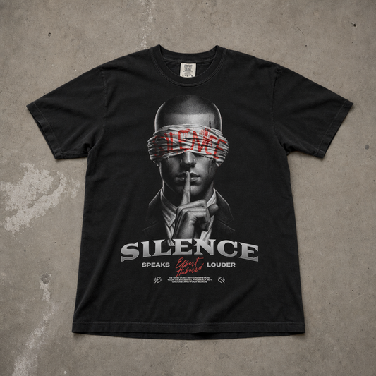 "Silence Speaks Louder" Grafik Baskılı Siyah Oversize Tişört