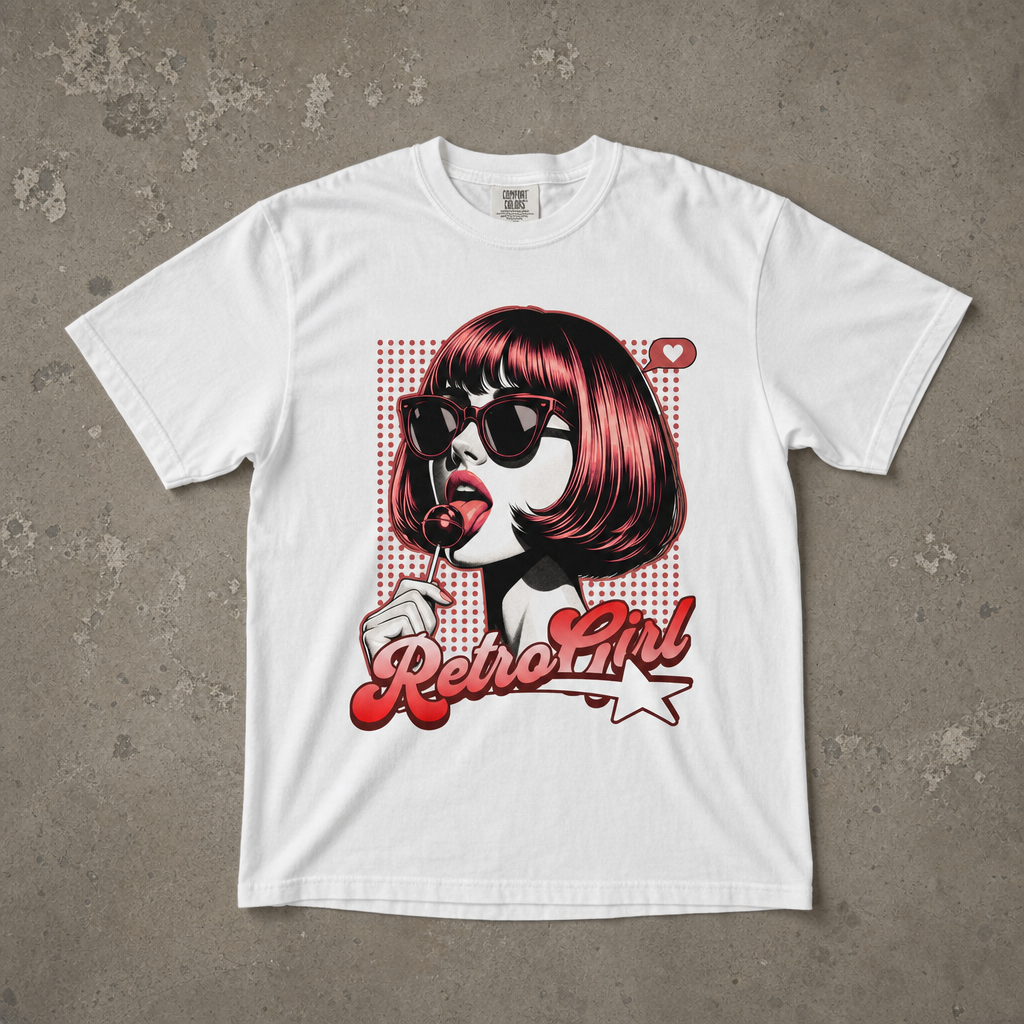 "Retro Girl" Grafik Baskılı Beyaz Oversize Tişört
