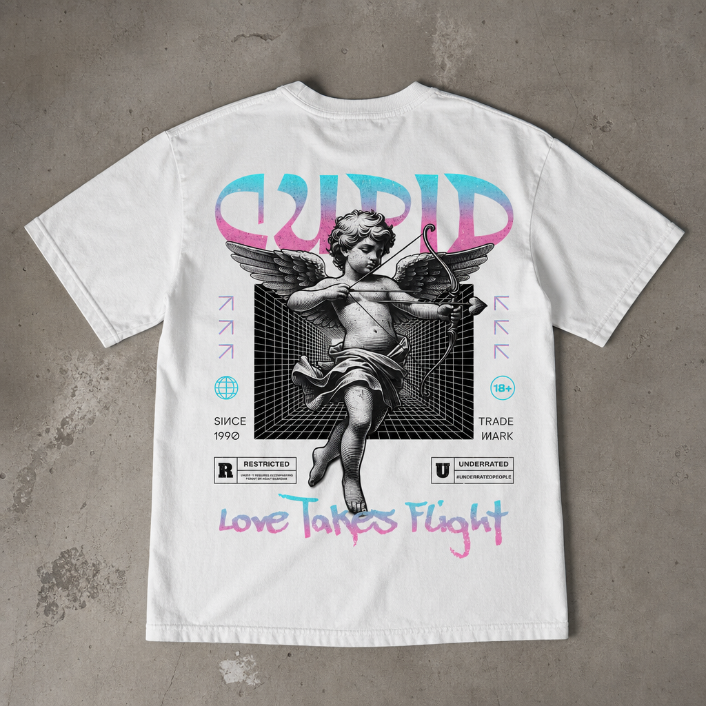 "Cupid Love Takes Flight" Sırt Baskılı Yıkamalı Siyah Oversize Tişört