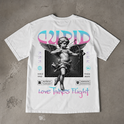 "Cupid Love Takes Flight" Sırt Baskılı Yıkamalı Siyah Oversize Tişört