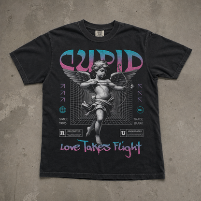 "Cupid Love Takes Flight" Sırt Baskılı Yıkamalı Siyah Oversize Tişört