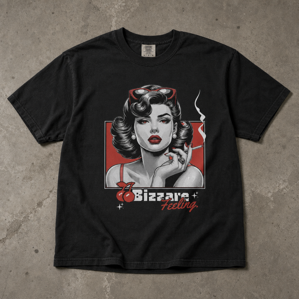 "Bizarre Feeling" Retro Grafik Baskılı Siyah Oversize Tişört