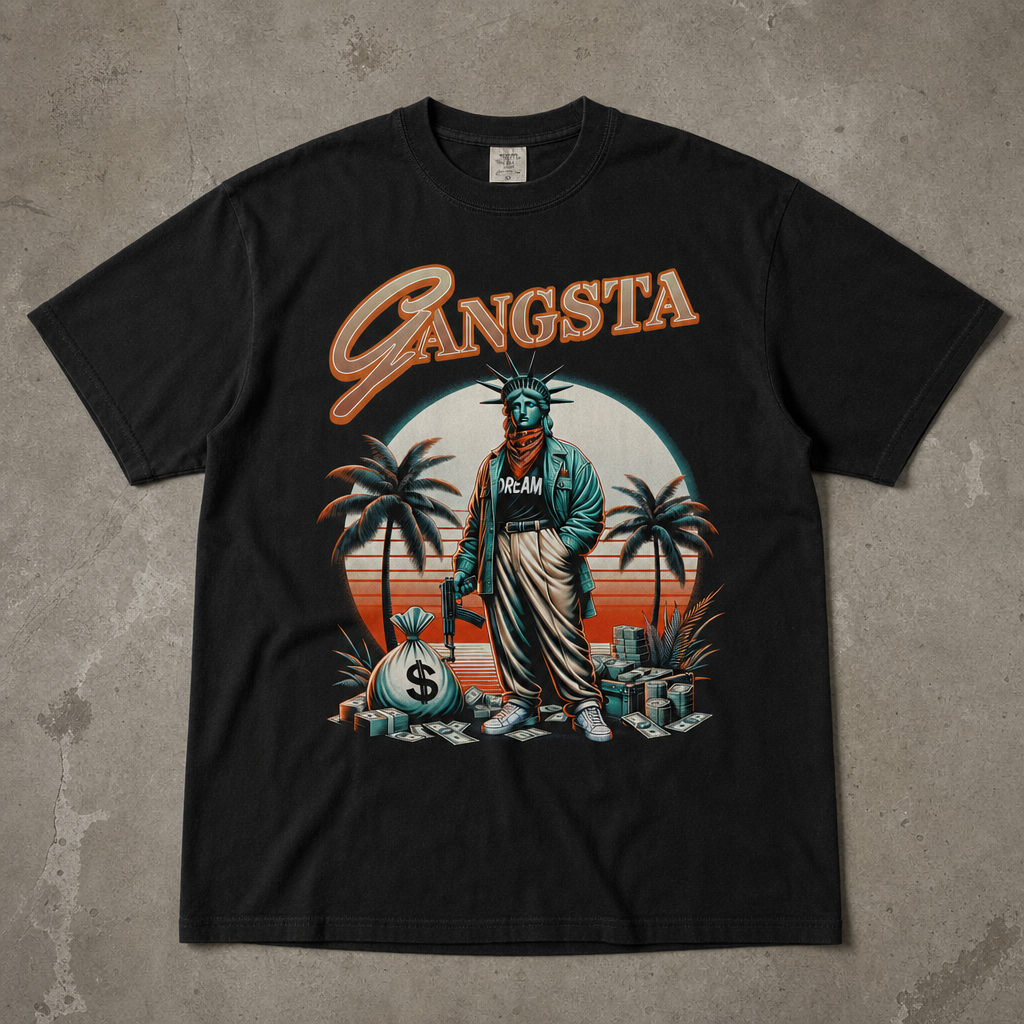 "Gangsta Liberty" Grafik Baskılı Siyah Oversize Tişört