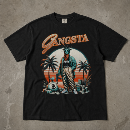"Gangsta Liberty" Grafik Baskılı Siyah Oversize Tişört