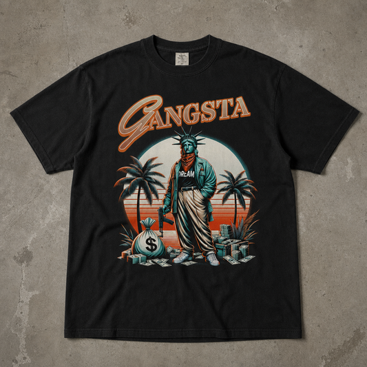 "Gangsta Liberty" Grafik Baskılı Siyah Oversize Tişört