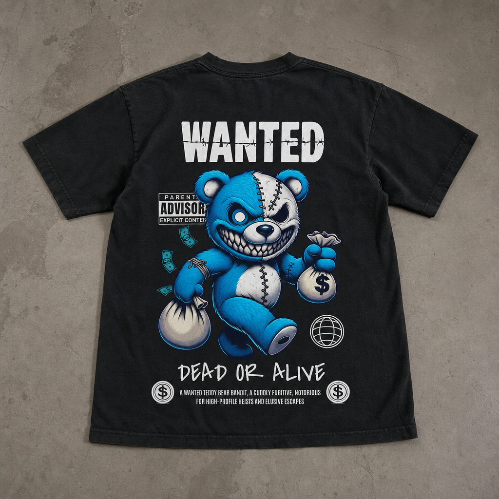"Wanted Bear" Grafik Sırt Baskılı Siyah Oversize Tişört