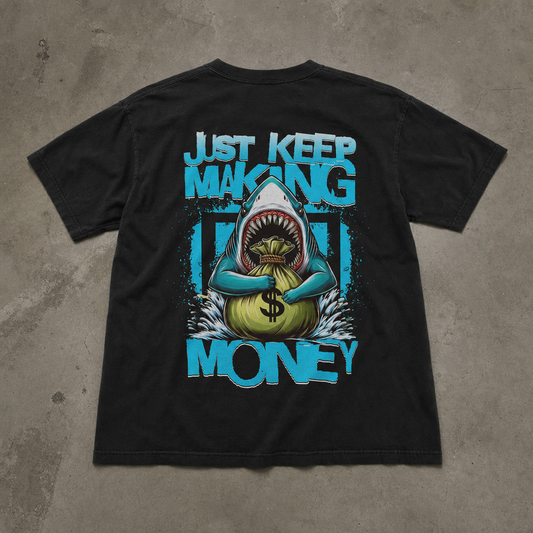 "Just Keep Making Money" Köpek Balığı Sırt Baskılı Siyah Oversize Tişört