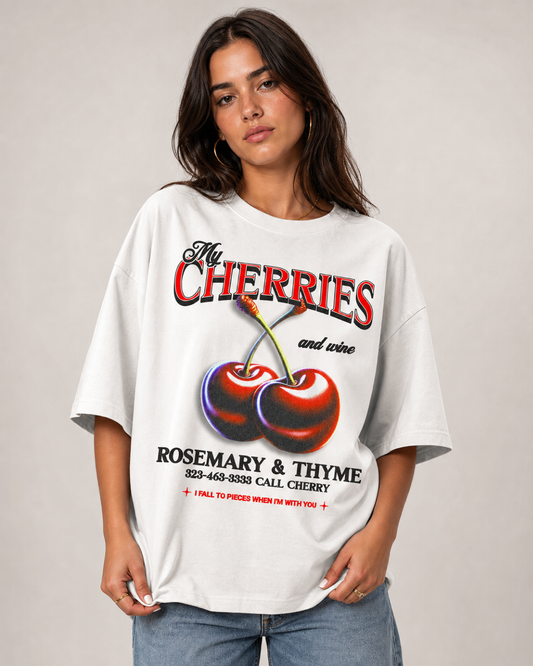 "My Cherries" Grafik Baskılı Beyaz Oversize Tişört