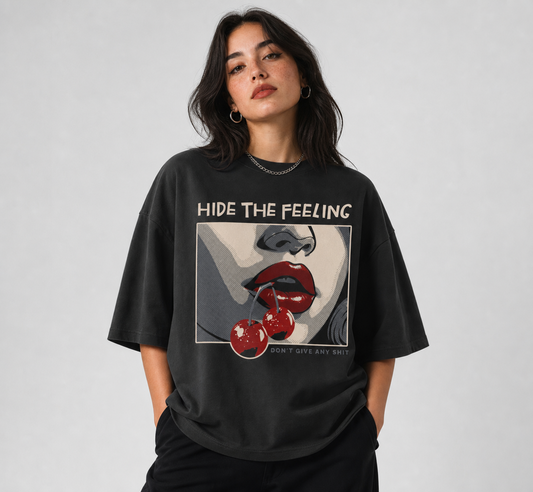 " The Feeling "Kiraz ve Dudak Baskılı Siyah Oversize Tişört