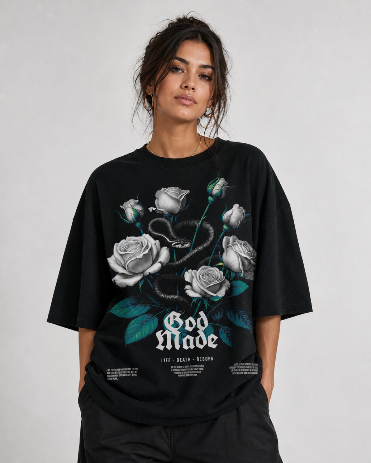 "Life - Death - Reborn" Dark Grafik Baskılı Siyah Oversize Tişört