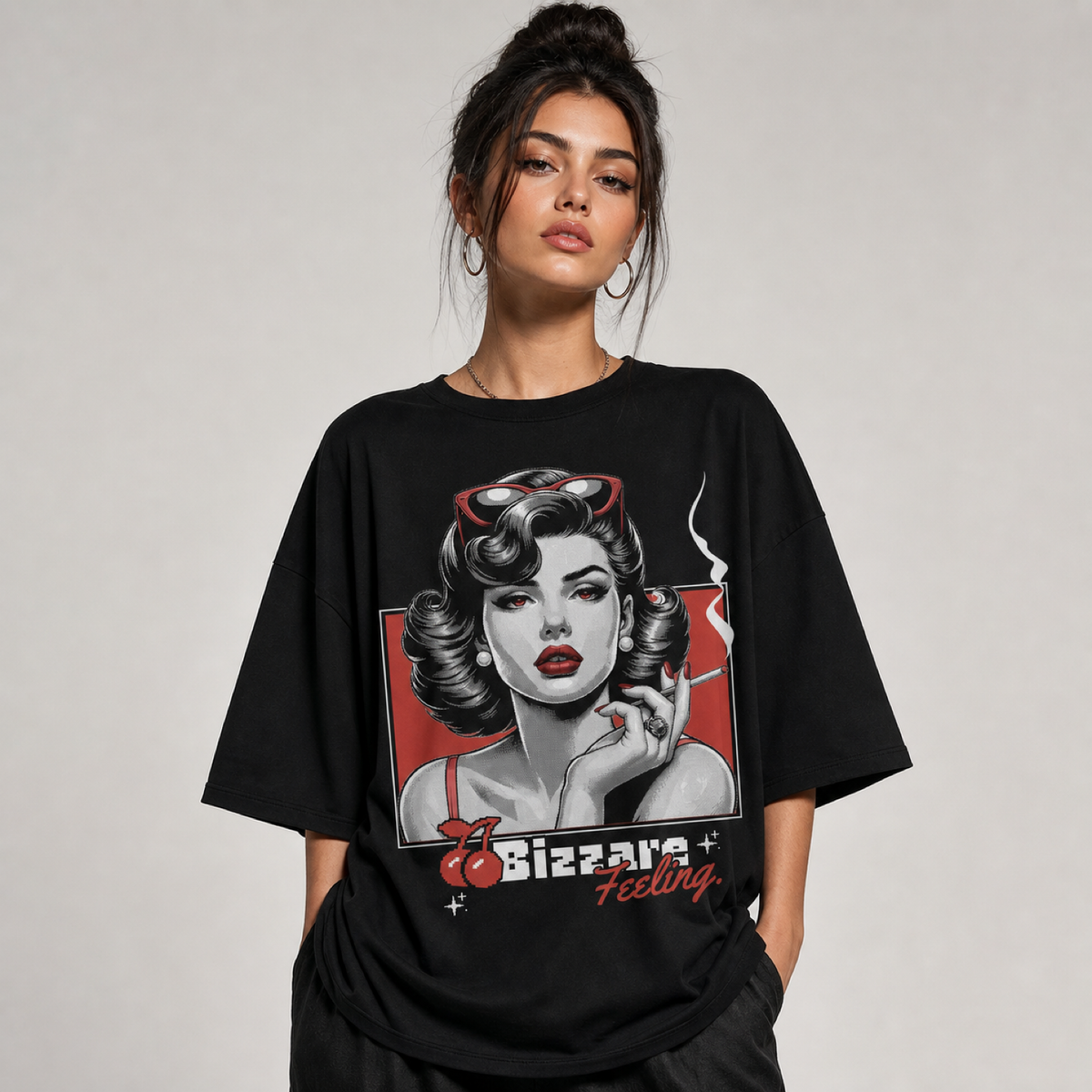 "Bizarre Feeling" Retro Grafik Baskılı Siyah Oversize Tişört