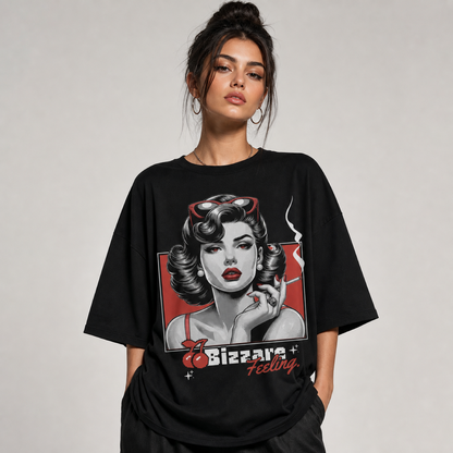 "Bizarre Feeling" Retro Grafik Baskılı Siyah Oversize Tişört