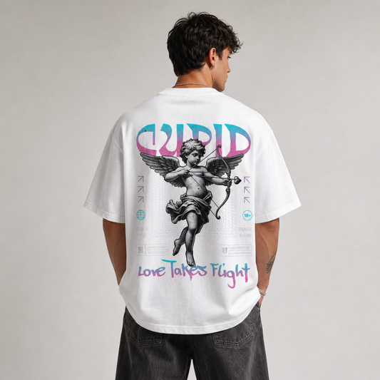 "Cupid Love Takes Flight" Sırt Baskılı Yıkamalı Siyah Oversize Tişört