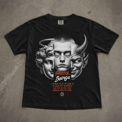 "Mortal Beings" Grafik Baskılı Oversize Tişört (Siyah / Beyaz)