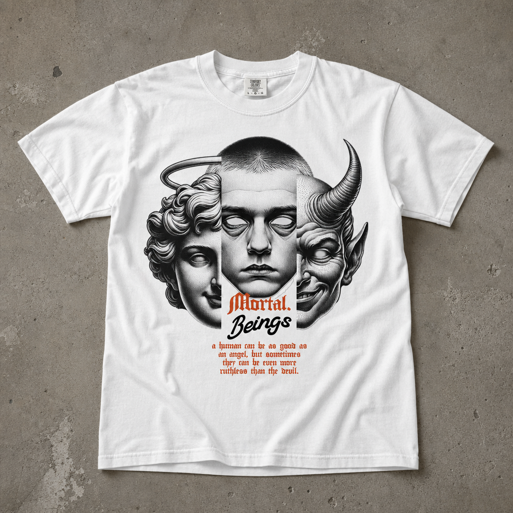 "Mortal Beings" Grafik Baskılı Oversize Tişört (Siyah / Beyaz)