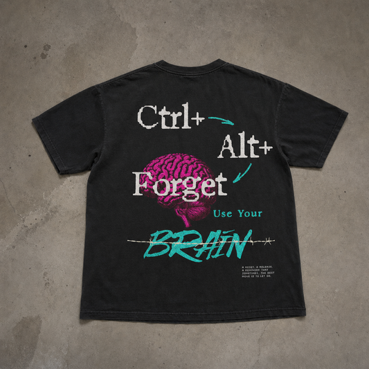 "Ctrl+Alt+Forget" Sırt Baskılı Siyah Oversize Tişört