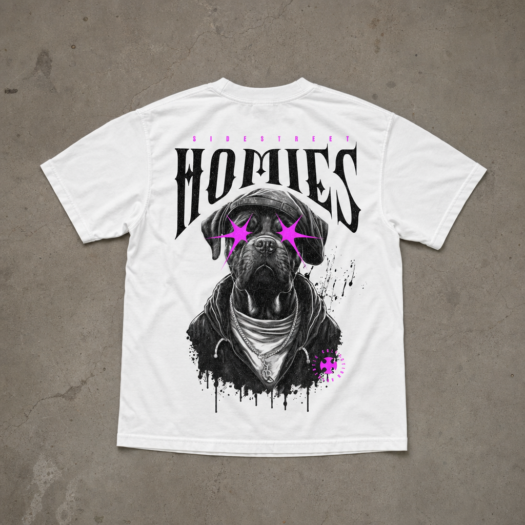 "Homies" Köpek Grafik Sırt Baskılı Beyaz Oversize Tişört