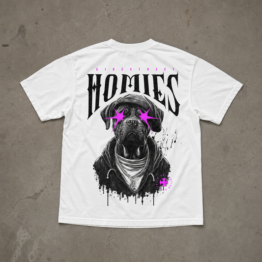 "Homies" Köpek Grafik Sırt Baskılı Beyaz Oversize Tişört