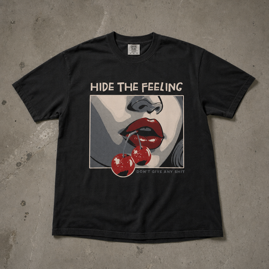 " The Feeling "Kiraz ve Dudak Baskılı Siyah Oversize Tişört
