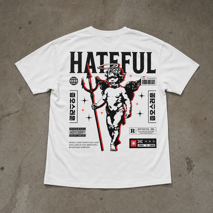 "Hateful Cupid" Melek Sırt Baskılı Beyaz Oversize Tişört
